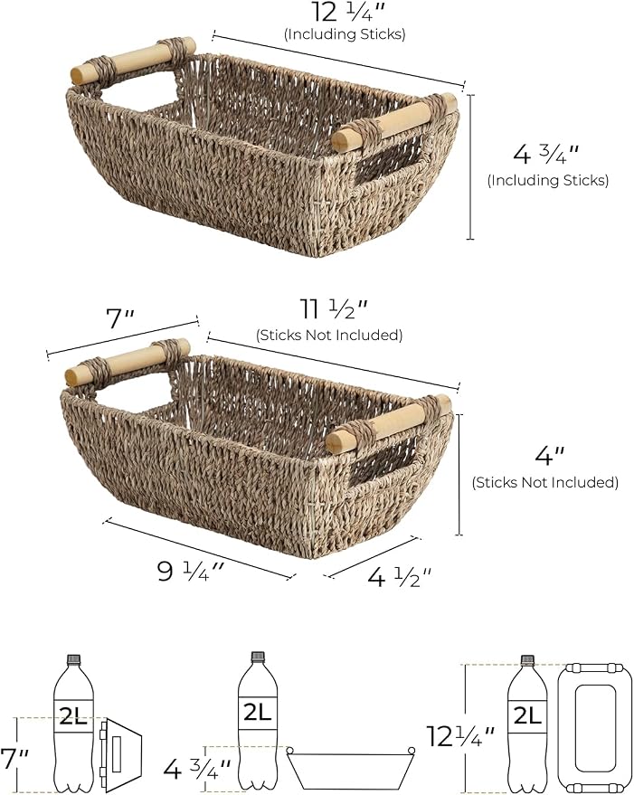 StorageWorks Small Baskets for Shelf, Seagrass Woven Basket with Wooden Handles for Gifts, 2-Pack - Image 2