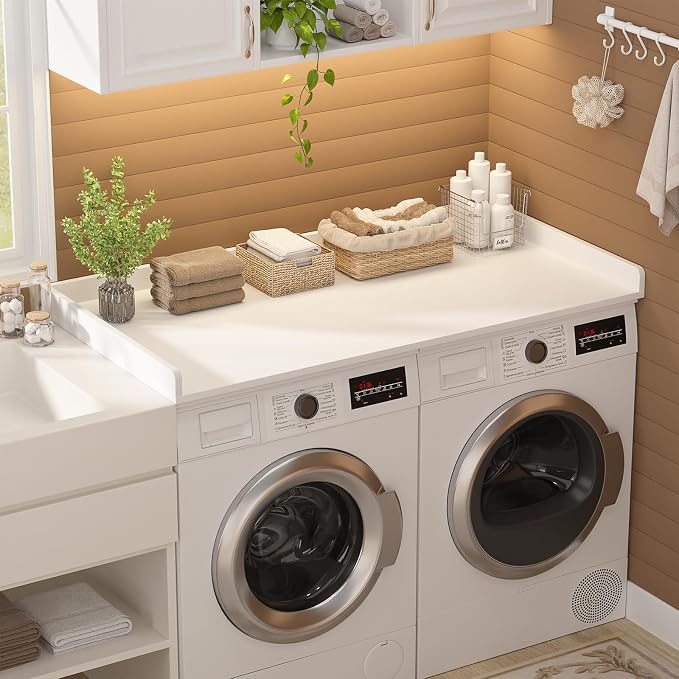 Aheaplus Washer and Dryer Countertop, Laundry Room Organization with Non-Slip Pads, Wood Shelf Topper with Round Corner Edge Rails, Folding Organizer for Laundry, 54" W x 27.5" D, White - Image 5