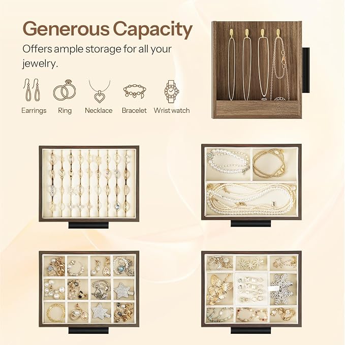 HOOBRO Jewelry Box for Women, Wooden Jewelry Organizer with Transparent Window, 4-Layer Jewelry Organizer Box, Jewelry Holder Organizer for Earrings, Necklaces, Rings, Light Walnut and Black BSD09JB04 - Image 4