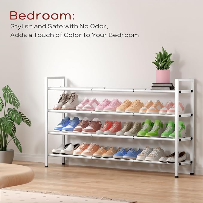 Bumusty 4-Tier Long Expandable Shoe Rack for Closet, 18"-44" Adjustable Shoe Rack for Entryway, 20-24 Pairs Large Shoe Organizer Shelf Storage, Sturdy Metal, White - Image 4