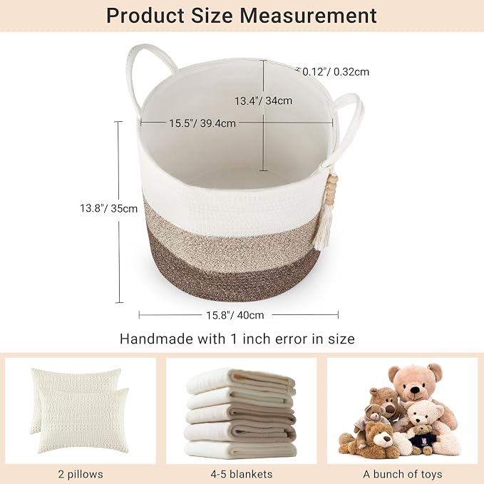 Mkono Woven Storage Basket Decorative Natural Rope Basket Wooden Bead Decoration for Blankets,Toys,Clothes,Shoes,Plant Organizer Bin with Handles Living Room Home Decor, 16" W × 13.8" L - Image 6
