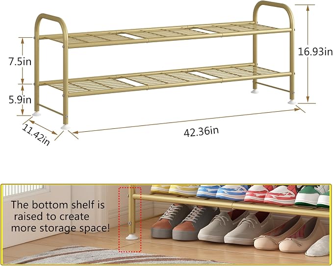 LINZINAR Shoe Rack Long 2 Tier Shoe Storage Organizer Metal Wide Shoe Shelf for Closet Entryway Bedroom 18 Paris Large Capacity, Gold - Image 3