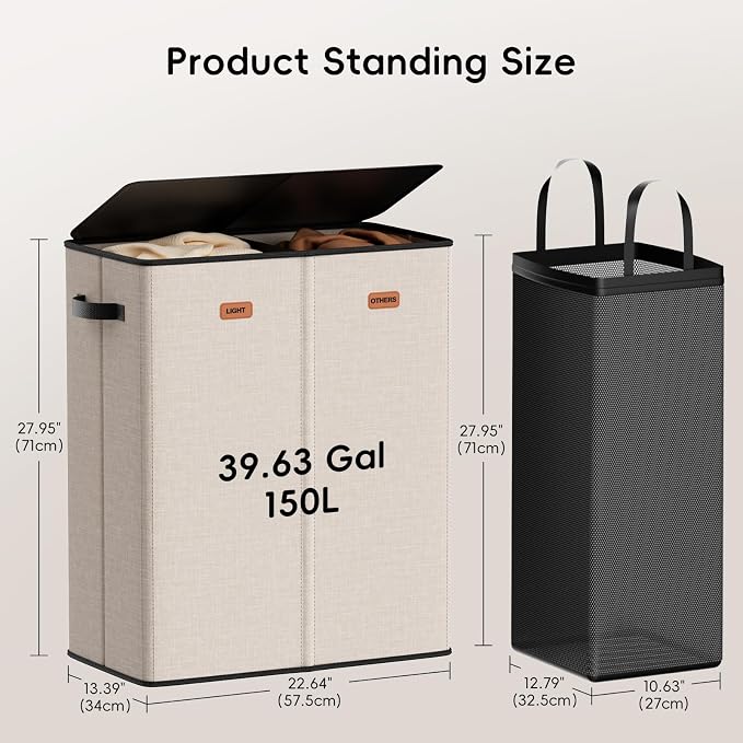 150L Double Laundry Hamper With Lid, Large Clothes Hampers with Removable Bag, Laundry Hamper 2 Section for Bathroom, Bedroom, Laundry Room, Dorm - Image 2