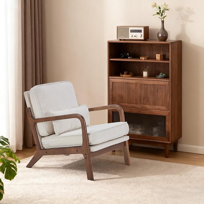 DUMOS Mid Century Modern Chair, Accent Chair with Arms and Waist Cushion, Reading Chairs for Adults, Lounge Chair for Living Room and Bedroom, Solid Wooden Frame, Cream