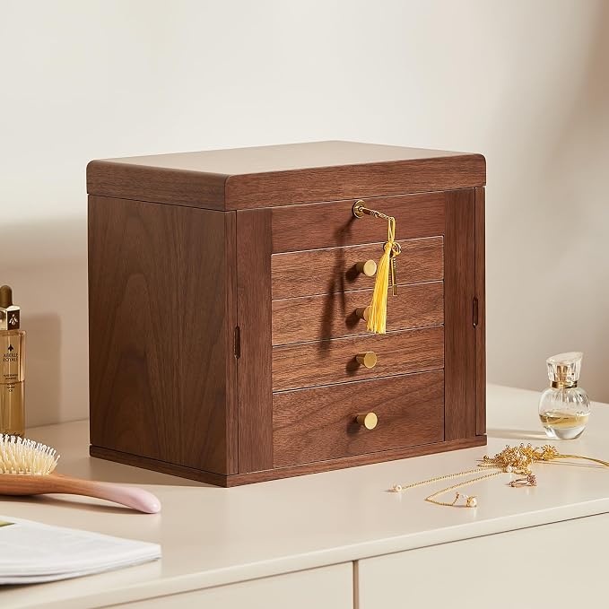 Black Walnut Wooden Jewelry Box, Wood Jewelry Organizer with 2 Side Doors Mirror Lockable Classical Style for Watch Necklace Ring Earring Storage Mothers Day Gifts for Mom-5 Layer - Image 2
