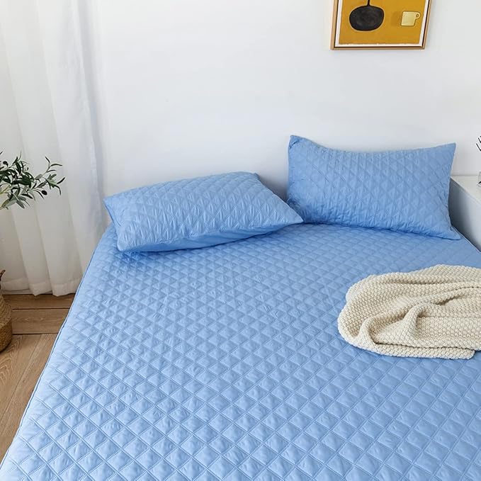 jejeloiu Blue Quilted Mattress Pad, 100% Waterproof Breathable Full Bedding Fitted Sheet Mattress Protector 14" Deep Pocket Cotton Snow Down Alternative Filling Mattress Cover (Full,Blue)