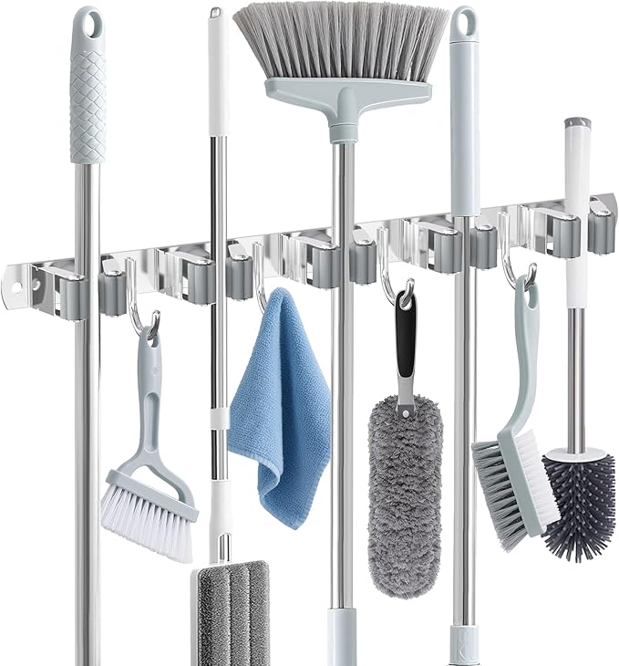 HANZENMA Broom Holder Wall Mount, Broom Organizer Wall Mount Stainless Steel Broom and Mop Hanger Heavy Duty Storage Organization for Home Kitchen Garden Garage Room 5 Racks 4 Hooks by HANZENMA