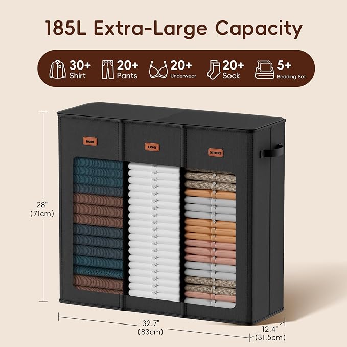 185L Laundry Hamper 3 Section, Laundry Hamper with Lid, Dirty Clothes Hamper with 3 Removable Washing Bags, Extra Large Laundry Basket Organizer for Bedroom, Laundry Room, Dorm - Black - Image 3