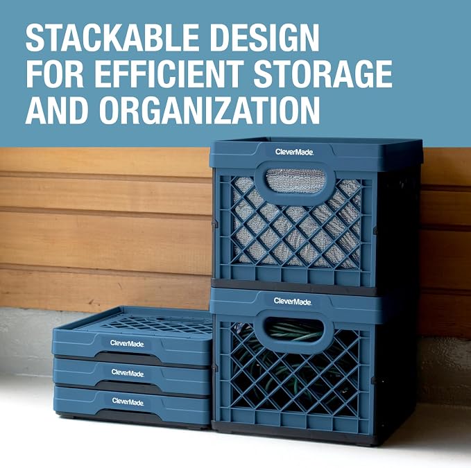 CleverMade Collapsible Milk Crate 25L (6.6 Gal) 3 Pack, 50 lb Capacity Heavy Duty Folding Crate – Stackable Storage Crates with File Rails, Plastic Collapsible Crates - Obsidian - Image 6