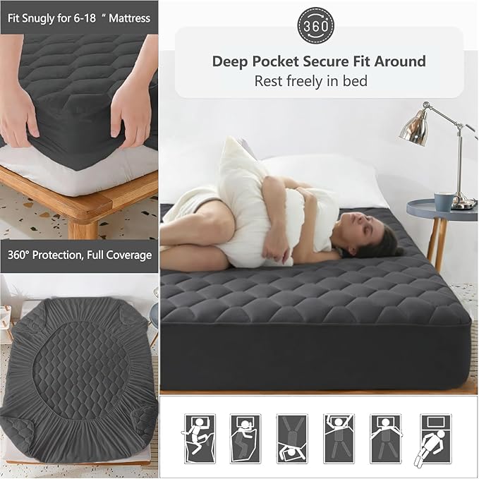 King Size Mattress Protector Waterproof Washable Mattress Padded Cover Fitted Bed Protection Noiseless Plastic Bed Pad Deep Pocket Up to 18“ Soft and Breathable（Gray）