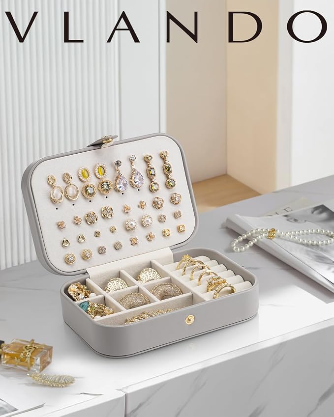 VLANDO Travel Jewelry Case, PU Leather Travel Jewelry Box with Earring Holder, Portable Display Small Jewelry Box for Mothers Day Women Girls Gift - Grey - Image 7