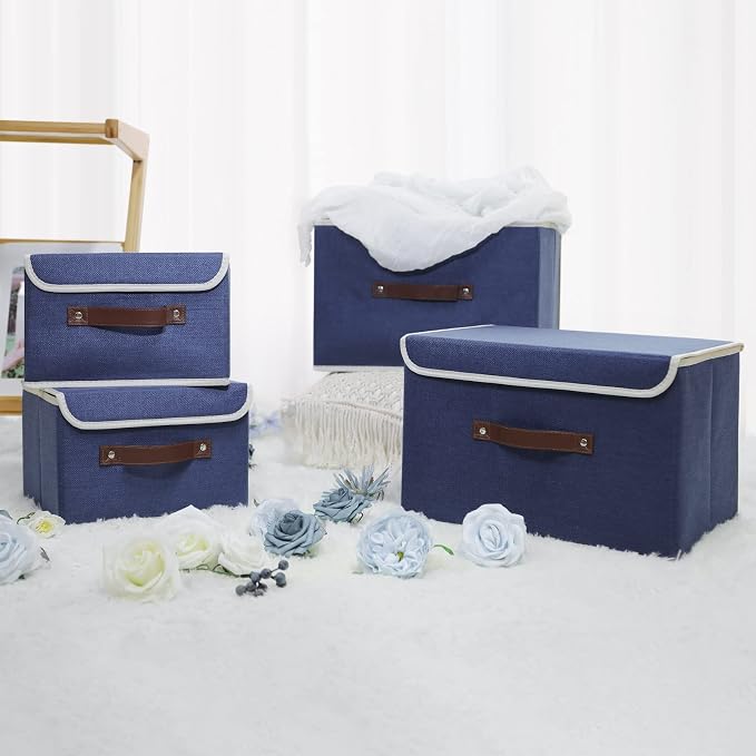 ANMINY Storage Bin with Lid Storage Boxes with PU Leather Handles PP Plastic Board Decorative Foldable Lidded Cotton Linen Fabric Home Cubes Baskets Closet Organizer Container - Blue, Small Size - Image 7