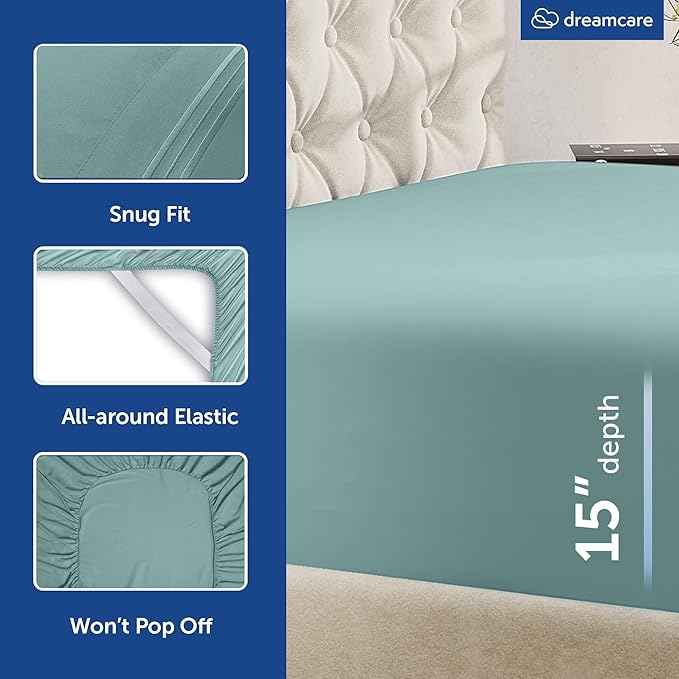 DREAMCARE Queen Sheet Set - 6 pcs Breathable Cooling Bed Sheets - up to 15" Deep Pocket Queen Sheets Set with Side Pockets - Extra Soft 100% Brushed Hypoallergenic Hotel Luxury Bedding - Spa Blue