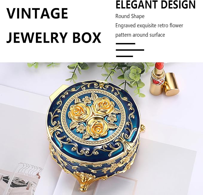 Hipiwe Vintage Jewelry Box Metal Keepsake Box Round Treasure Storage Case for Ring Earrings Necklace Holder Wedding Birthday Gift for Woman, Blue, 5.7" L x 5.1" W x 3.5" H - Image 2
