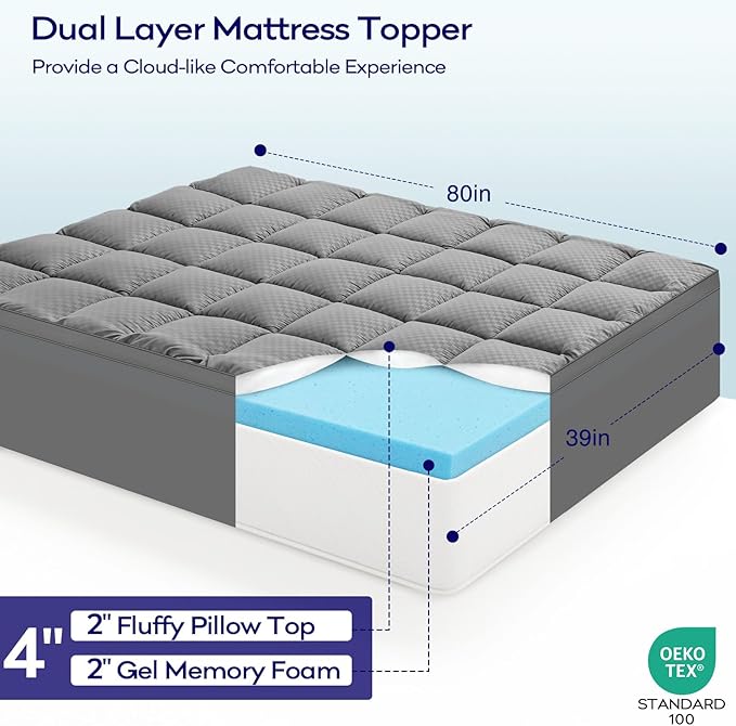 OLANLY Dual-Layer 4 Inch Twin XL Size Memory Foam Mattress Topper for College Dorm Room Essentials, 2 Inch Gel Memory Foam Topper, 2 Inch Cooling Pillow Top Mattress Pad Cover, Gray