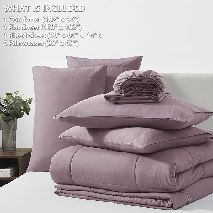 CozyLux King Size Comforter Set Dusty Purple, 7 Pieces Bed in a Bag, Purple Comforter King Size, Bedding Set with All Season Quilted Comforter, Flat Sheet, Fitted Sheet, Pillowcases