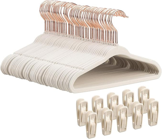 Tonswachic 50-Pack 11 Inch Baby Closet Hangers with 10 Clips - Soft Velvet Non-Slip Hangers for Infant & Toddler Clothes (Beige) by TonswachicHangersSpaceSaver