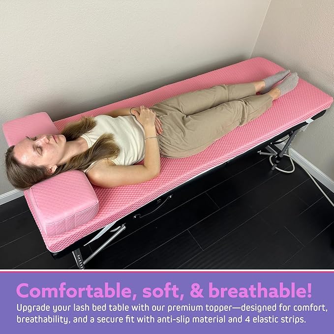 Lash Bed Foam Topper – 2.5 Inch Thick Memory Foam Massage Table Pad with Corner Straps & Anti-Slip Base, Comfortable Spa or Facial Bed Topper for Lash Extensions & Salon Use – Pink