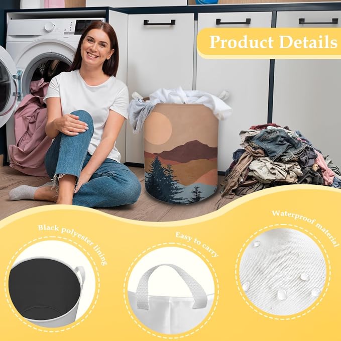 Boho Laundry Basket, Mid Century Modern Boho Sun Forest Mountain Waterproof Collapsible Laundry Hamper Dirty Clothes Storage Toy Bin Organizer for Bathroom Bedroom Nursery Girls Kids Room - Image 6