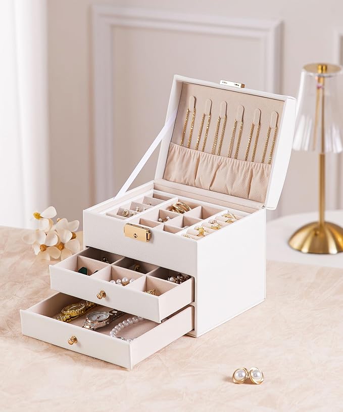 Homde Mothers Day Gifts Small Girls Jewelry Box with Lock: 3 Layer Organizer with Removable Tray - Storage for Ring Necklace Earring - Birthday & Return Gifts for Young Women (Cloud White) - Image 8