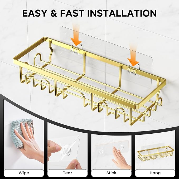 Shower Caddy, 5 Pack Shower Shelves for Inside Bathroom, Rustproof Adhesive Bathroom Organizer with Soap Holder, No Drilling Washroom Organizers and Storage for Bathtub Room/Kitchen/Home, Gold - Image 6