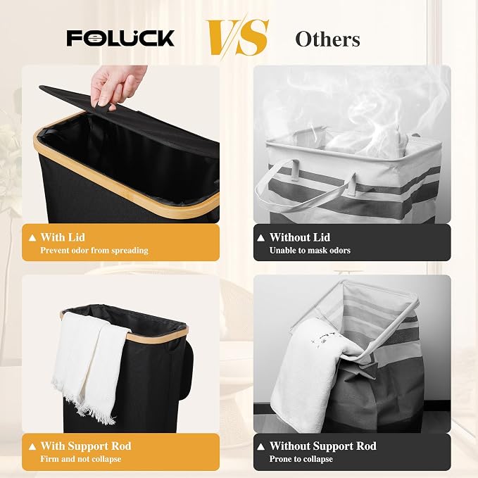 Foluck Slim Laundry Hamper, 60L Waterproof Narrow Laundry Basket with Lid and Removable Bag, Collapsible Tall Clothes Hamper with Bamboo Handles for Clothes Toys in Dorm Bedroom Bathroom, Black - Image 5
