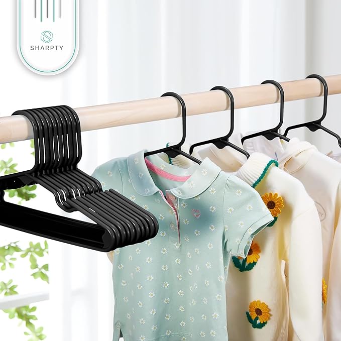 Sharpty Kids Plastic Hangers, Children's Hangers for Baby, Toddler, and Child Clothes - Everyday Standard Use - Ideal for Boys and Girls Closet, Clothing, Pants, Coats, and More - Black, 40 Pack - Image 5