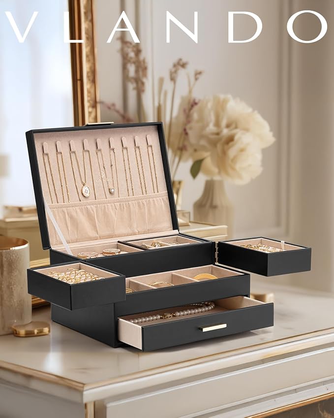 Vlando 3 Layer Jewelry Box - Women Jewelry Box with Retractable Tray - Jewelry Organizers with Drawer for Necklaces, Rings, Bracelets, Earrings, Gift for Couples Mom Girls - Black - Image 2