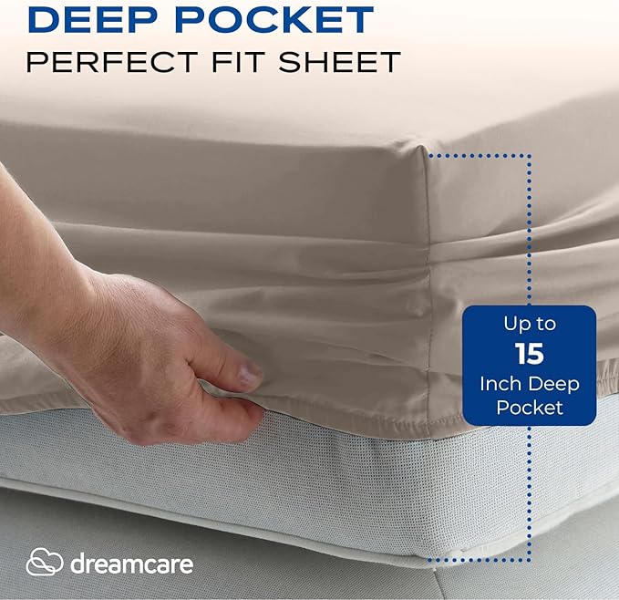 DREAMCARE Twin XL Sheet Sets - 4 pcs Breathable Cooling Bed Sheets - up to 15" Deep Pocket Twin XL Sheets Set with Side Pockets - Extra Soft 100% Brushed Hypoallergenic Hotel Luxury Bedding - Beige
