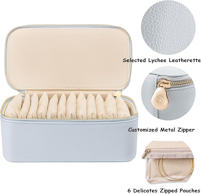VLANDO Travel Jewelry Box Organizer – Portable PU Leather Jewelry Case with 6/8/12 Zippered Pouches, Compact Storage for Earrings Rings Necklaces Bracelets, Baby Blue - Image 7