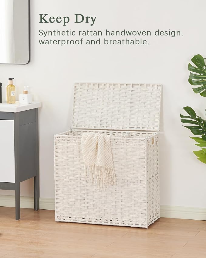 SETVSON Laundry Hamper with Lid Laundry Basket 132 L (35 Gal) Wicker Clothes Hamper, Handwoven Rattan Hamper with Handles and 4 Removable Liner Bags, 6 Mesh Bags for Laundry Bedroom White - Image 2