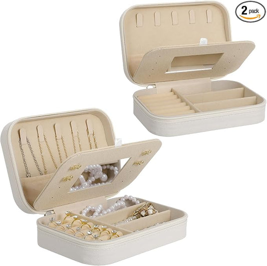 2-Pack PU Leather Travel Jewelry Organizer Cases with Mirror for Women, Portable Velvet Jewelry Box Set for Earrings, Rings, Necklace, Bracelet - Luxury Gift Set (Beige) by Unknown