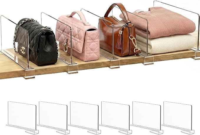 SortNStore Shelf Dividers Purse Organizer for Closet: 6-inch Tall(Shorter Version) Acrylic Handbag Organizer - Small Space Separator for Clutches Evening Bags Pouches Mini-Bags on Wood Shelves 6-Pack by SortNStore