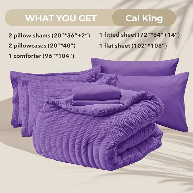 HYMOKEGE Dark Purple California King Comforter Set Seersucker 7 Pieces, All Season Luxury Bed in a Bag for Bedroom, Bedding Set with Comforter, Sheets, Pillowcases & Shams
