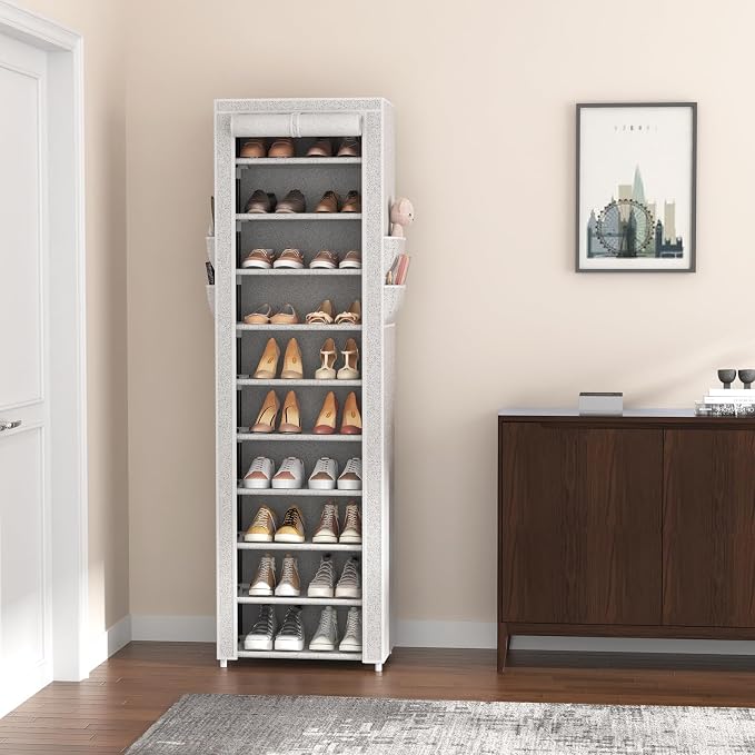 VTRIN Vertical Narrow Shoe Rack Organizer Tall Shoe Rack for Closet Entryway 10 Tier Non-Woven Cover Shoe Shelf Holds 20-22 Pairs Free Standing Shoe Storage Cabinet with Dustproof Cover, Multi Color - Image 7