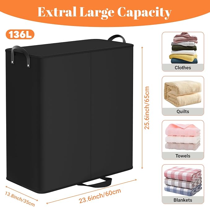 Large Double Laundry Hamper with Lid, Removable Bags & Reinforced Handles, 2 Section Tall Laundry Basket, Dirty Clothes Hampers for Laundry Room, Bedroom, Bathroom, Dorm, 136L, Black - Image 2