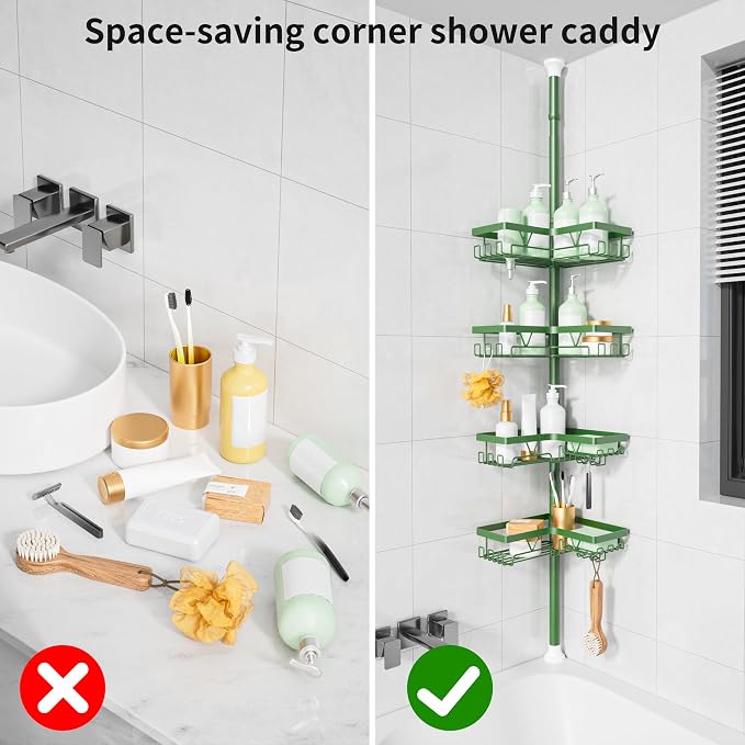 KEGII Shower Caddy Tension Pole, 4-Tier Rustproof Adjustable Corner Bathroom Organizer for Renters, 25–114.2 Inch No Drill Space-Saving Shower Storage Rack, Emerald Green - Image 7