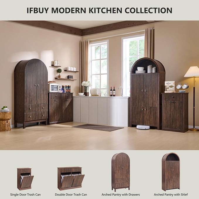 IFBUY Modern Tilt Out Laundry Hamper Cabinet, 10 Gallon Fluted Trash Can Cabinet with Drawer, Wooden Hidden Garbage Can Cabinets with Laundry Basket, Free Standing for Bathroom and Kitchen, Brown - Image 7