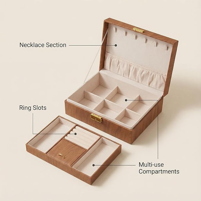 Jewelry Box Organizer for Women Girls Gift, 2 Layer Large Jewelry Storage Case, Vintage Wood PU Leather Display Jewellery Holder with Removable Tray for Necklace (Redwood grain) - Image 3