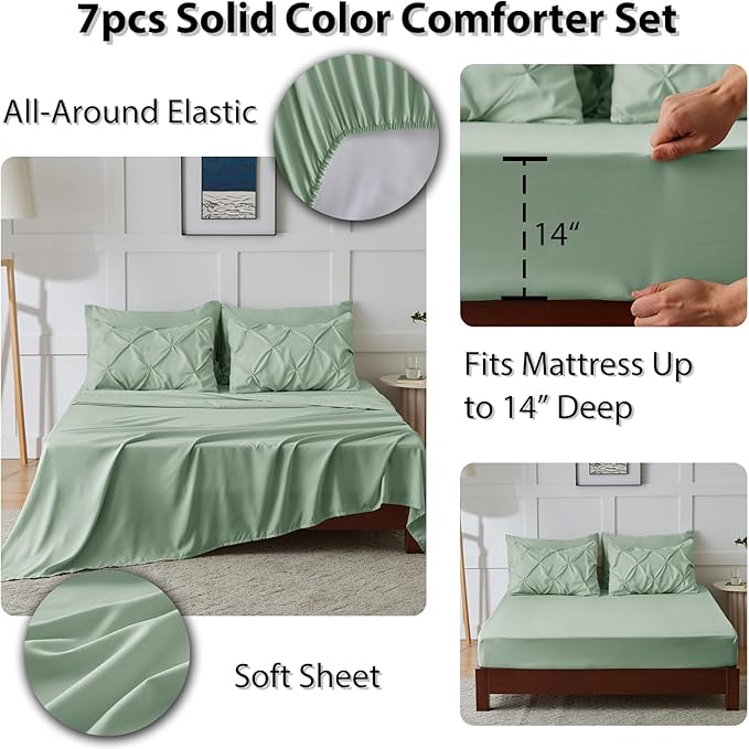 CozyLux Queen Comforter Set Sage Green, 7 Pieces Pintuck Bed in A Bag, Premium Green Comforter Queen Size, Pinch Pleat Bedding Sets with Comforter, Sheets, Pillowcases & Shams