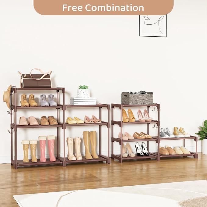 ROJASOP Shoe Rack Organizer, 8-Tier Metal Shoe Rack for Closet Entryway Garage, 26-32 Pairs Tall Shoe Boot Storage Shelf with 15 Hooks, Stackable Large Shoe Stand, Brown - Image 6