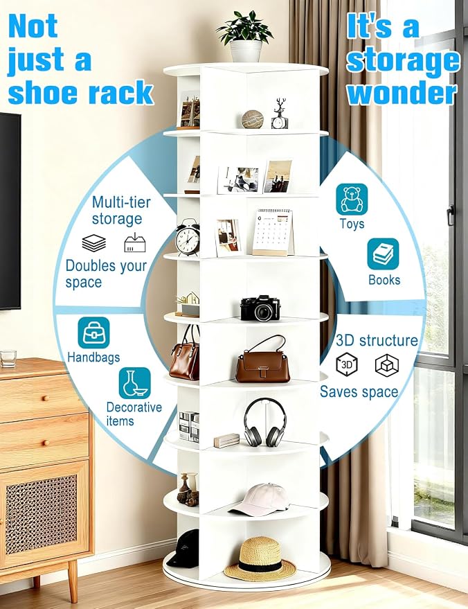 8 Tier Rotating Shoe Rack Tower, Spinning Shoe Organizer Rotating Shelf, Space-Saving 360° Revolving Shoe Rack Storage Round Carousel for Entryway, Closet & Bedroom (Shoe Rack 01) - Image 5