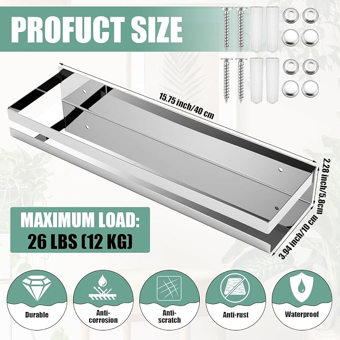Lallisa 2 Pieces Stainless Steel Shelf Bathroom Shower Floating Shelves Wall Mounted Shower Caddy Basket Shelf Storage Organizer Shelves for Bathroom, Kitchen, Living Room (15.75 Inch/ 40 cm,Shiny) - Image 3