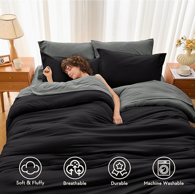 MUXHOMO 7 Pieces Queen Comforter Set, Soft Bed in a Bag Queen Size, All Season Bedding Set with Comforter, Flat Sheet, Fitted Sheet, Pillowcases & Shams, Black & Grey