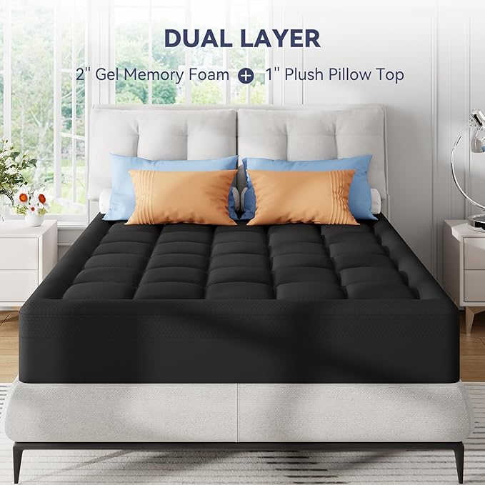 ELEMUSE 3 Inch Dual Layer Memory Foam Mattress Topper Cal King, 2 Inch Cooling Gel Memory Foam Pad Plus 1 Inch Down Alternative Pillowtop Mattress Pad with Cooling Cover, Black