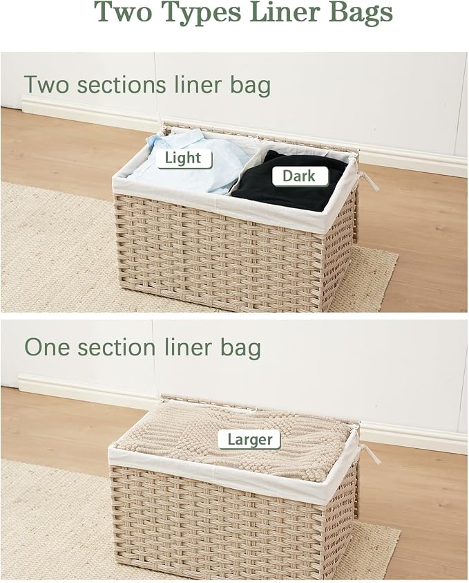 SETVSON Storage Basket with Lid Rattan Woven Storage Baskets with 2 Separate Lids, 17.2 Gallon (65 L) Wicker Storage Bins Foldable 2 Removable Liner Bags Handles for Bedroom, Laundry Room Light Khaki - Image 6