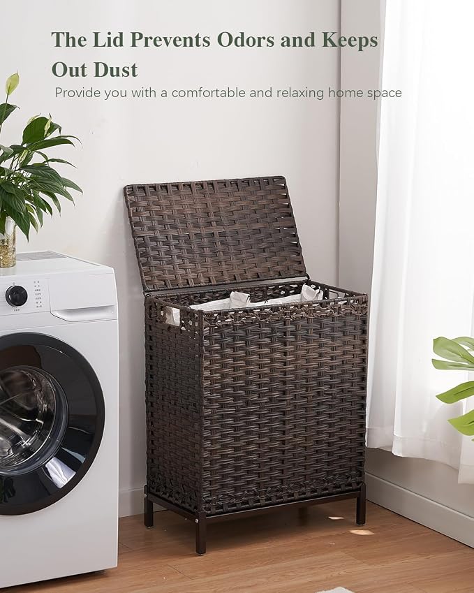 SETVSON Laundry Hamper with Lid, 112 L Handwoven Rattan Wicker Laundry Basket, 2 Removable Liner Bags Metal Heightened Feet, 6 Mesh Bags, 2 Section Large Clothes Hamper for Bathroom Bedroom, Brown - Image 7