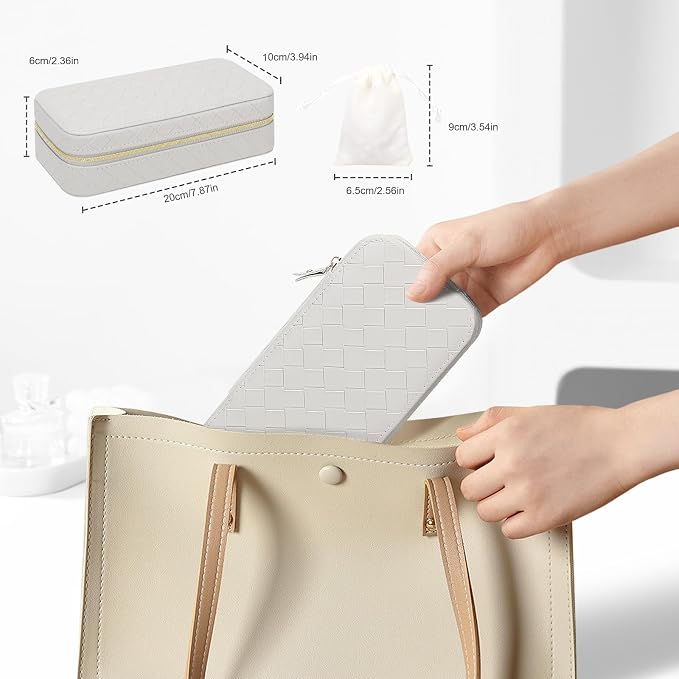 DesignSter Travel Jewelry Case, Woven Embossed PU Leather Jewelry Organizer with Mirror, Small Portable Jewelry Box for Women Rings Necklaces Bracelets Earrings - Image 3