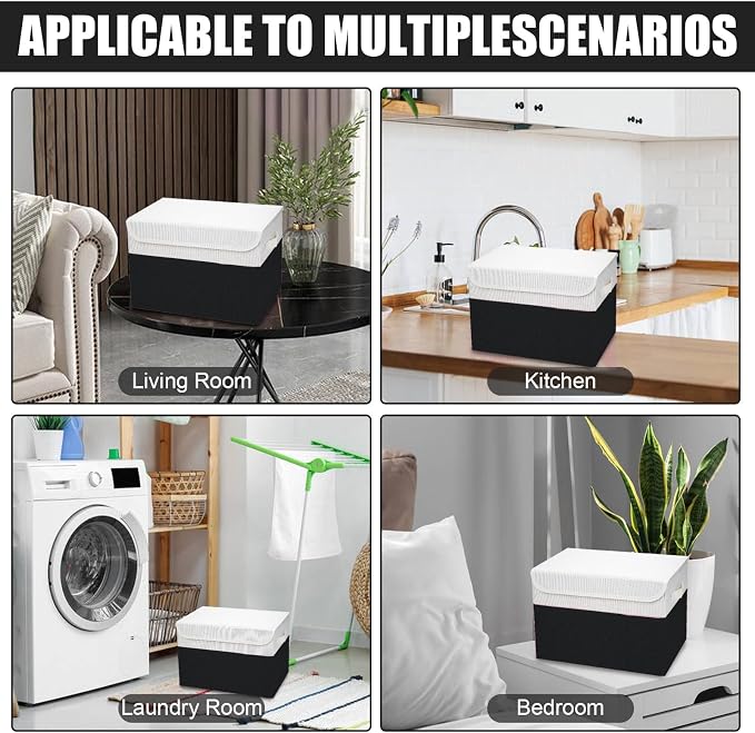 Bagnizer Large 22 Quart Linen Fabric Foldable Storage Bin Cube Organizer Basket with Flip-Top Lid & Handles, Clothes Blanket Box for Home, Office, Closet, Black & White, 4 Pack 14.6 x 9.5 x 9.5 - Image 7