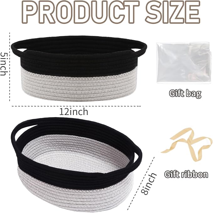 JMvicyroam Woven Basket,Small Rope Storage Bin with Handles & Ribbon Bag, Organizer for Shelves Closets,Gift Basket Empty for Birthday,Books,Dog Toys, Black&Grey - Image 2